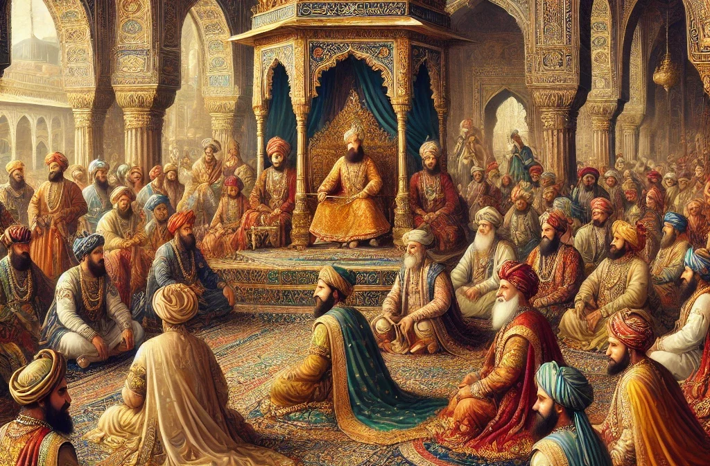 DALL·E 2025-02-21 17.38.01 - A detailed painting of King Akbar’s court in the Mughal era, showcasing the grandeur of the royal palace. The scene includes King Akbar seated on a go